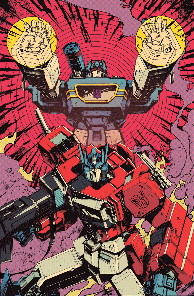 assault_visor autobot blue_eyes collaboration comic_cover decepticon gun holding holding_gun holding_weapon josh_burcham kei_zama looking_at_viewer mecha official_art open_hands optimus_prime robot science_fiction shoulder_canon smoke soundwave_(transformers) the_transformers_(idw) transformers weapon western_comics_(style)