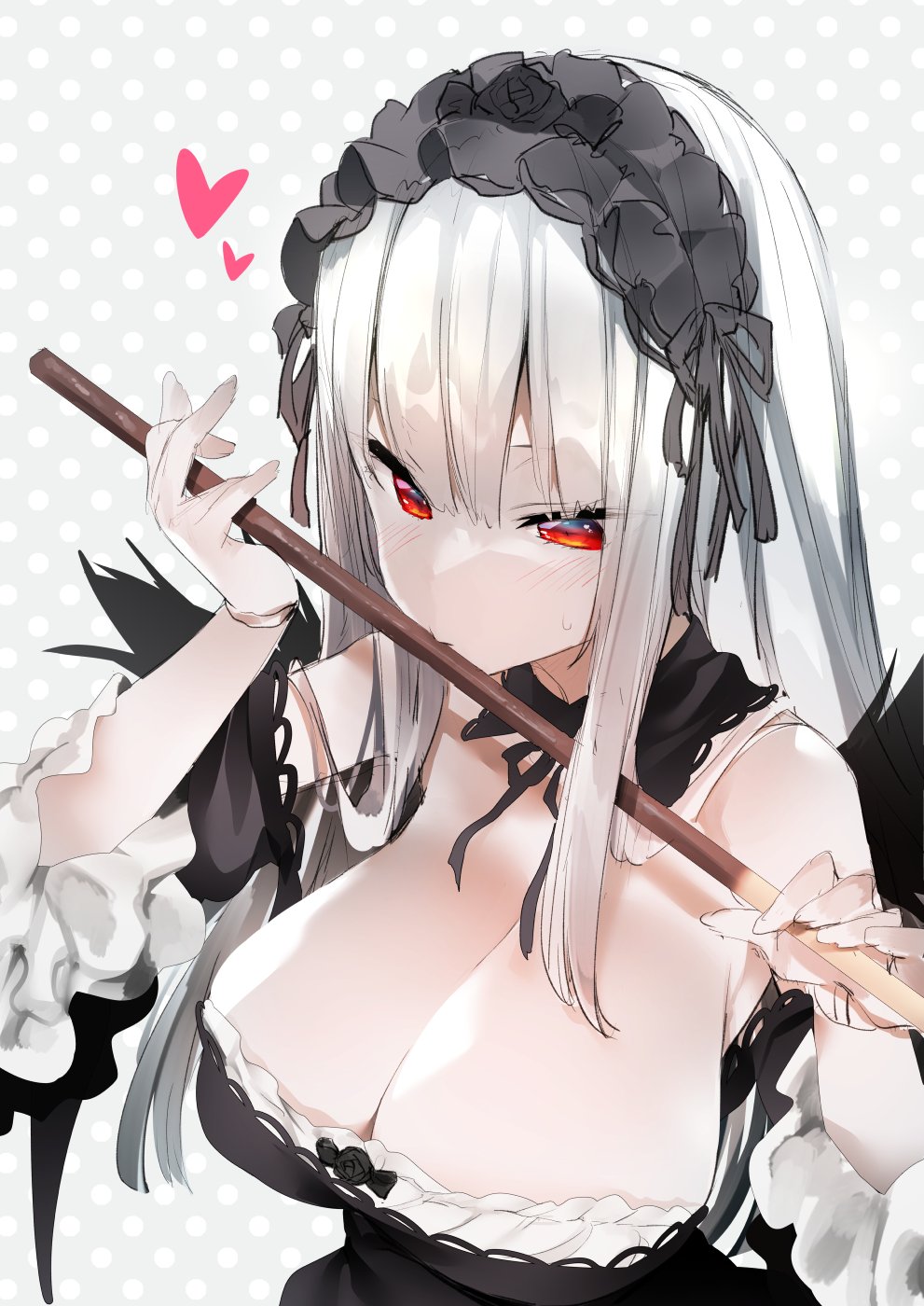 1girl black_hairband breasts cleavage detached_collar food hairband heart highres huge_breasts lolita_fashion lolita_hairband long_hair looking_at_viewer pocky pocky_day red_eyes rozen_maiden simple_background solo suigintou tousen upper_body white_background white_hair