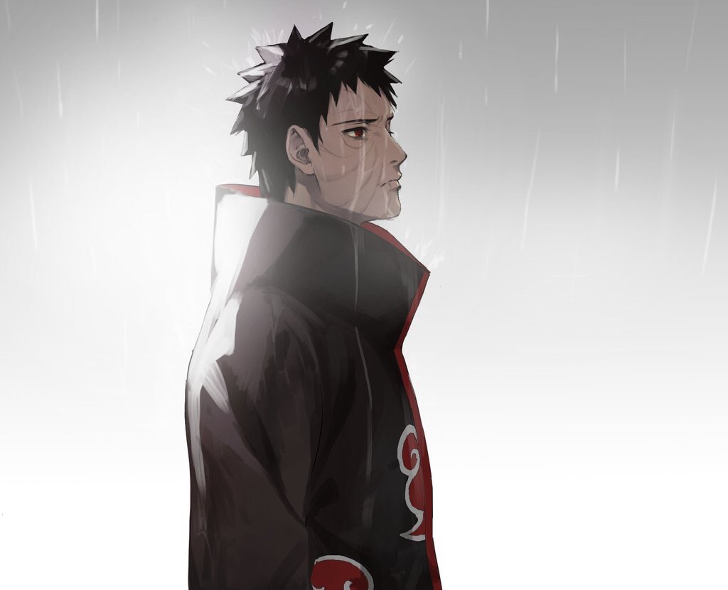 1boy akatsuki_uniform black_coat black_hair coat male_focus naruto_(series) naruto_shippuuden rain red_eyes scar scar_on_face sekisei sharingan solo uchiha_obito upper_body