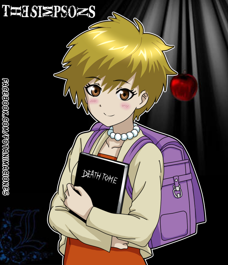 1girl apple backpack bag blonde_hair blush death_note death_tome female_child food fotanimaciones fruit hair_between_eyes jacket jewelry lisa_simpson object_hug pink_bag short_hair smile solo the_simpsons web_address