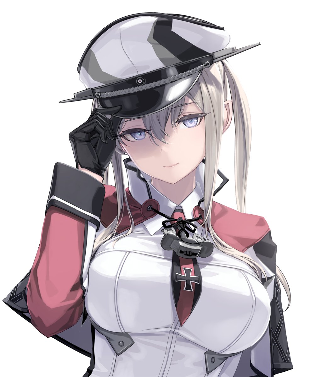 1girl adjusting_clothes adjusting_headwear black_gloves blonde_hair blue_eyes breasts capelet celtic_knot cross gloves graf_zeppelin_(kancolle) hair_between_eyes hat highres iron_cross kantai_collection large_breasts military military_hat military_uniform necktie peaked_cap rokuwata_tomoe sidelocks smile tsurime twintails uniform upper_body white_background