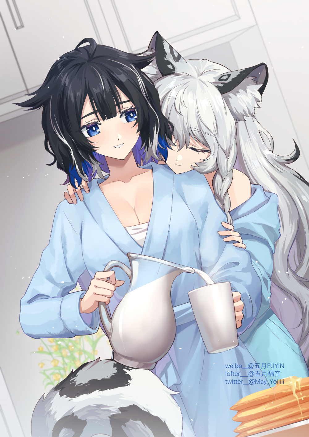 2girls animal_ear_fluff animal_ears arknights bangs black_hair blue_eyes blue_kimono braid breasts cleavage closed_eyes closed_mouth collarbone commentary_request cup dutch_angle food gogatsu_fukuin grey_hair hair_between_eyes highres holding holding_cup indoors japanese_clothes jug kimono kjera_(arknights) large_breasts leopard_ears leopard_girl leopard_tail long_hair milk mug multicolored_hair multiple_girls off_shoulder pancake pancake_stack parted_lips pouring pramanix_(arknights) smile streaked_hair tail very_long_hair yuri