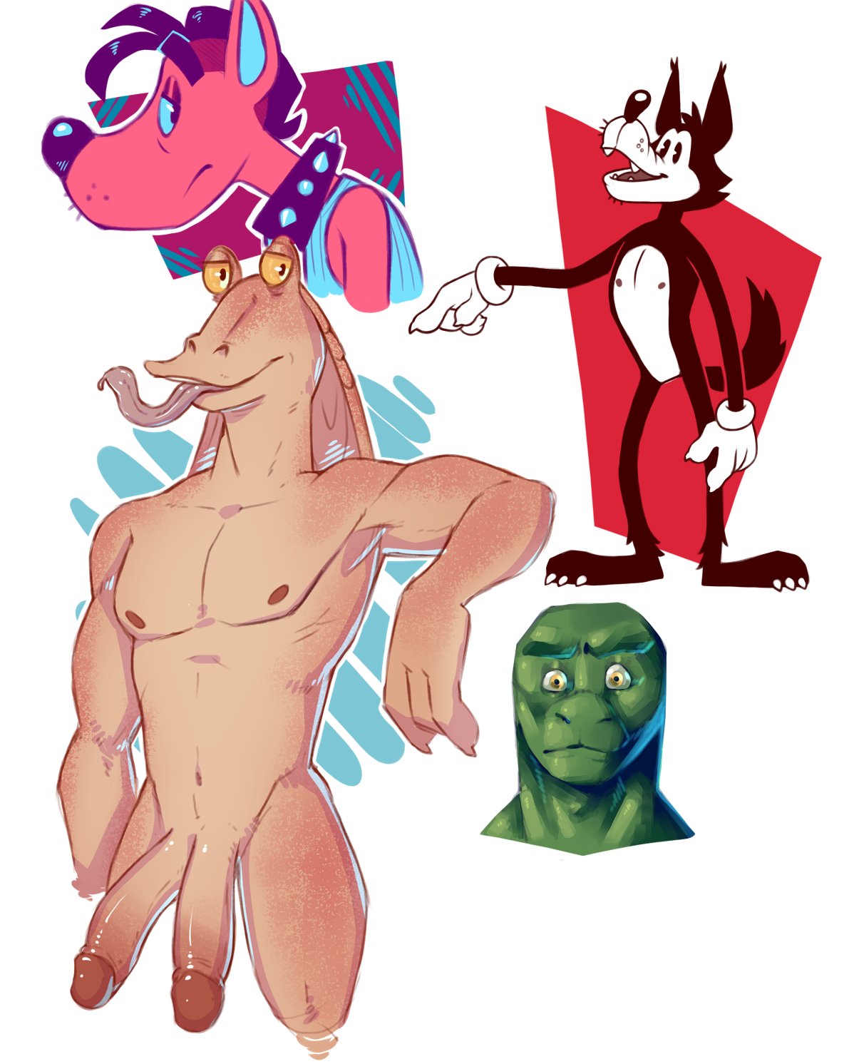 2020 2_penises alien anthro blue_sclera canid canine canis clothing concupisco domestic_dog fur genitals gloves gloves_only green_body gungan handwear handwear_only hi_res humanoid_genitalia humanoid_penis jar_jar_binks long_tongue looking_at_viewer male mammal mostly_nude multi_genitalia multi_penis multiple_images navel nipples nude penis red_body red_fur solo star_wars tongue tongue_out yellow_eyes yellow_sclera