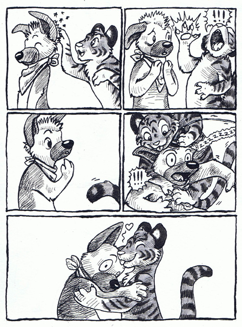 &lt;3 anthro beard_trimmer canid canine canis comic domestic_dog doryuu duo embrace felid german_shepherd hair hair_trimming herding_dog hug kissing_head male mammal neckerchief pain pantherine pastoral_dog personal_grooming sparkynekomi speech_bubble spiky_hair styling_hair ticer tiger touching_hair trimming_(grooming)