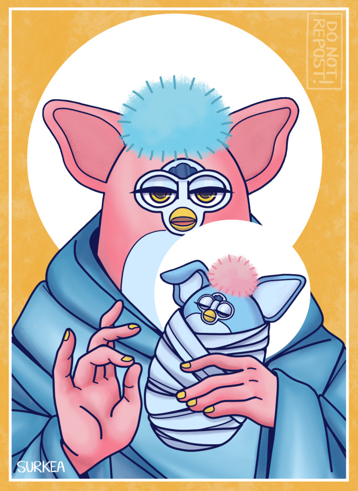 artist_name closed_eyes closed_mouth english_commentary furby holding long_sleeves nail_polish no_humans open_mouth pink_fur simple_background surkeart upper_body wide_sleeves yellow_background yellow_nails