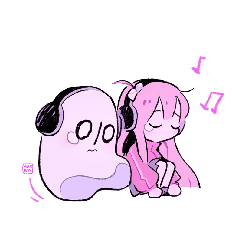 1girl 1other aukives blue_skirt bocchi_the_rock! chibi closed_eyes commentary crossover english_commentary frown ghost gotou_hitori headphones jacket long_hair napstablook one_side_up pink_hair pink_jacket pleated_skirt sitting skirt tears track_jacket undertale