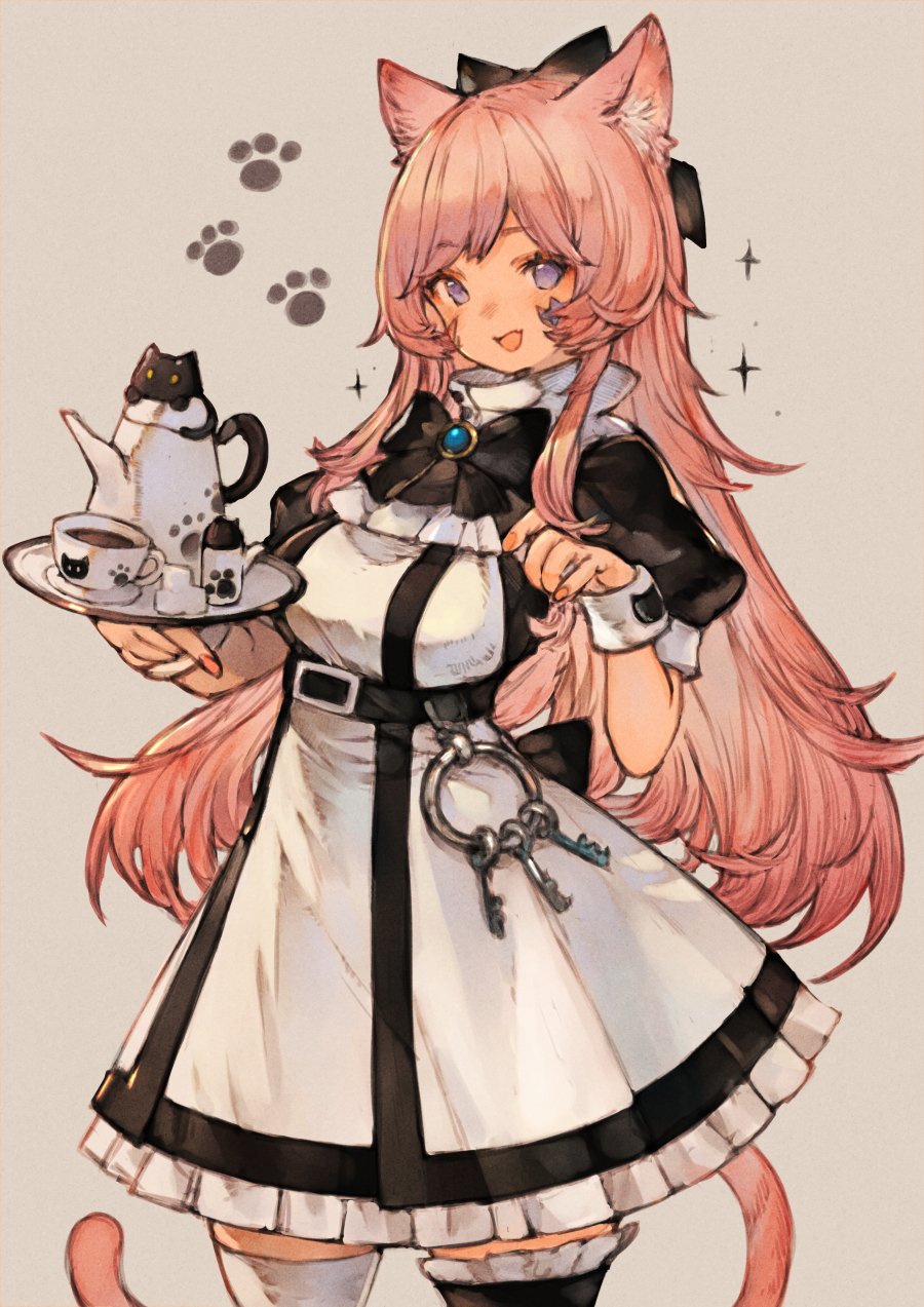 1girl :d animal animal_ears belt bow breasts cat cat_ears cat_girl cat_tail commission cup dress frilled_dress frills highres kemomin_nosuke key keyring long_hair maid original pink_hair puffy_short_sleeves puffy_sleeves purple_eyes saucer short_sleeves skeb_commission smile tail tea teacup teapot thighhighs