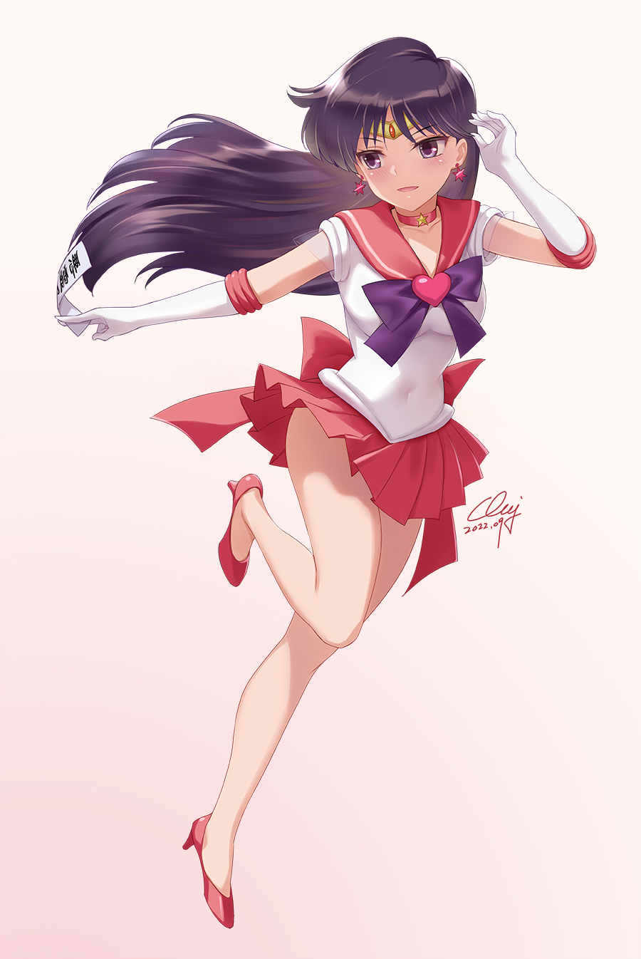 1girl bishoujo_senshi_sailor_moon black_hair bow brooch choker covered_navel earrings elbow_gloves gloves heart_brooch high_heels highres hino_rei jewelry long_hair men'youjan ofuda purple_bow purple_eyes red_footwear red_sailor_collar red_skirt sailor_collar sailor_mars sailor_senshi_uniform skirt smile solo star_(symbol) star_earrings tiara white_gloves