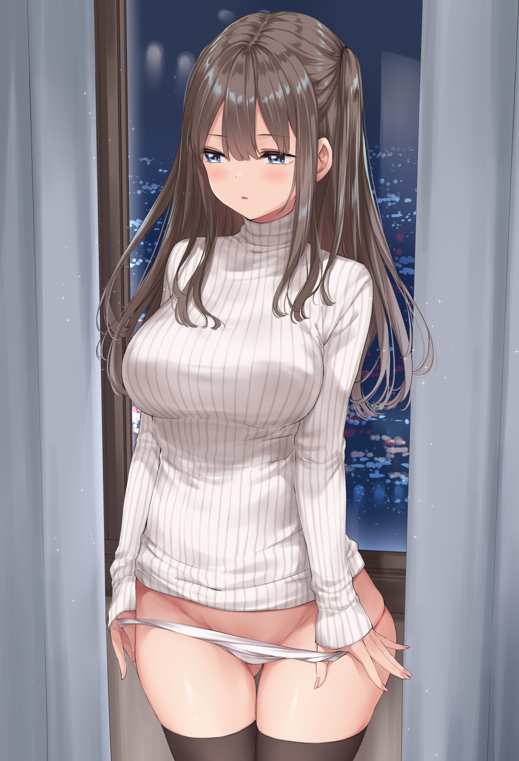 1girl ass_visible_through_thighs bangs black_thighhighs blue_eyes blush breasts brown_hair city_lights curtains highres indoors large_breasts long_hair long_sleeves looking_away looking_to_the_side night no_pants original panties panty_pull parted_lips pulled_by_self ribbed_sweater solo sweater thigh_gap thighhighs two_side_up underwear undressing white_panties white_sweater window wing_(aiastor)