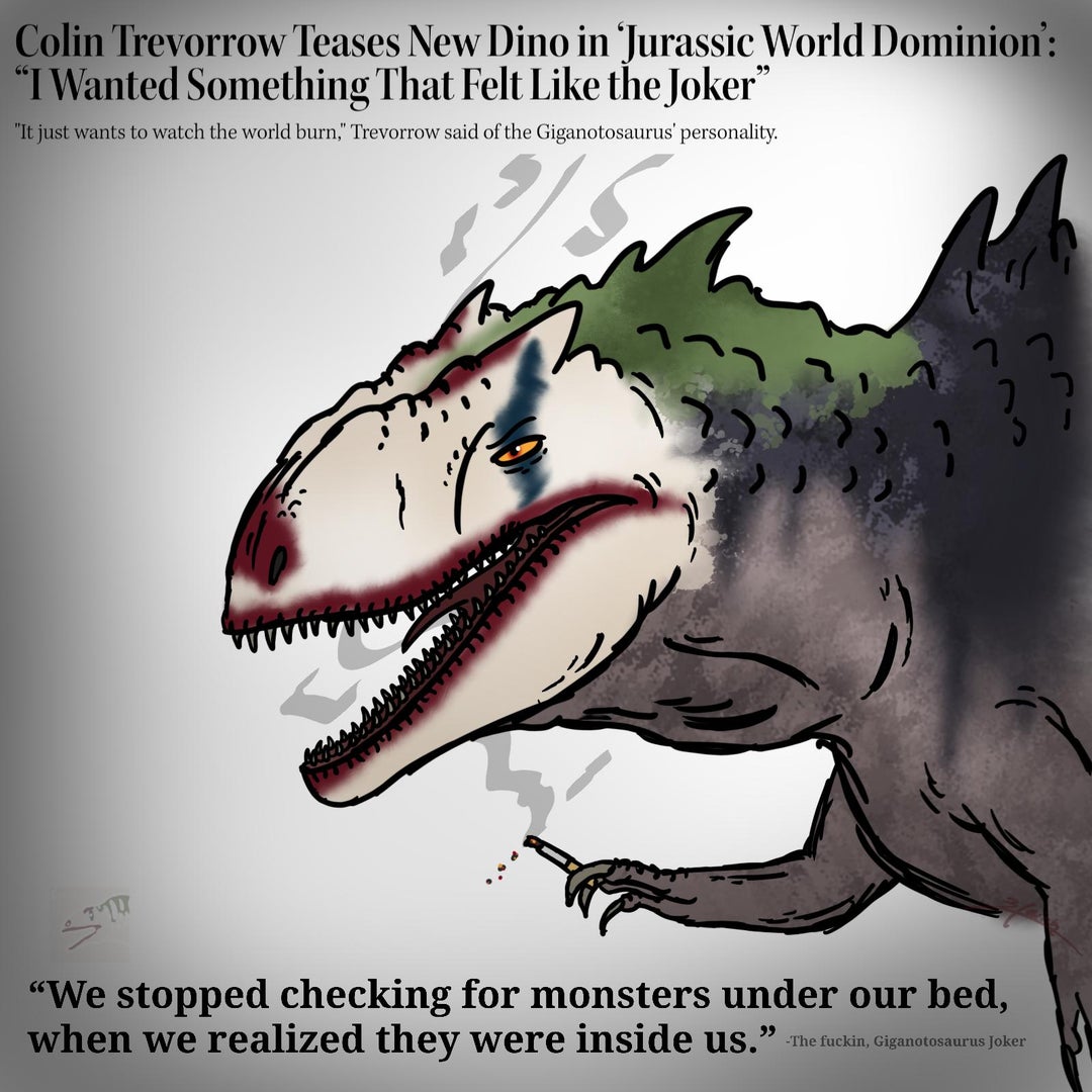 1:1 ambiguous_gender anthro batman_(series) behind_the_scenes black_text carcharodontosaurid cigarette clown_makeup dc_comics dinosaur feral giganotosaurus grey_body grey_skin holding_cigarette holding_object humor jurassic_park jurassic_world jurassic_world:_dominion meme quote reptile scalie smoking smoking_cigarette solo text the_dark_knight the_joker theropod universal_studios unknown_artist