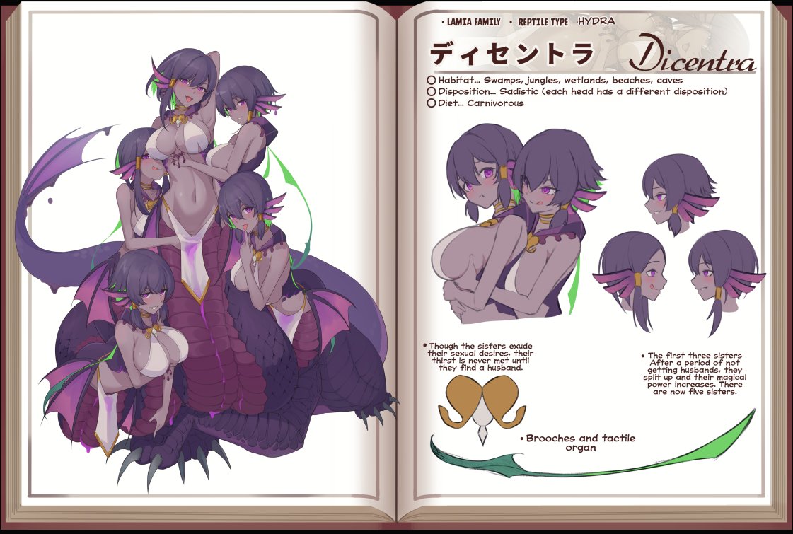 5girls :q :t arm_behind_head arm_up armpits bare_arms bare_shoulders bell_orgel black_hair breast_grab breasts commentary_request conjoined dark-skinned_female dark_skin english_text grabbing grabbing_from_behind hair_tubes hydra large_breasts monster_girl monster_girl_encyclopedia multiple_girls navel original pelvic_curtain purple_eyes scales tongue tongue_out
