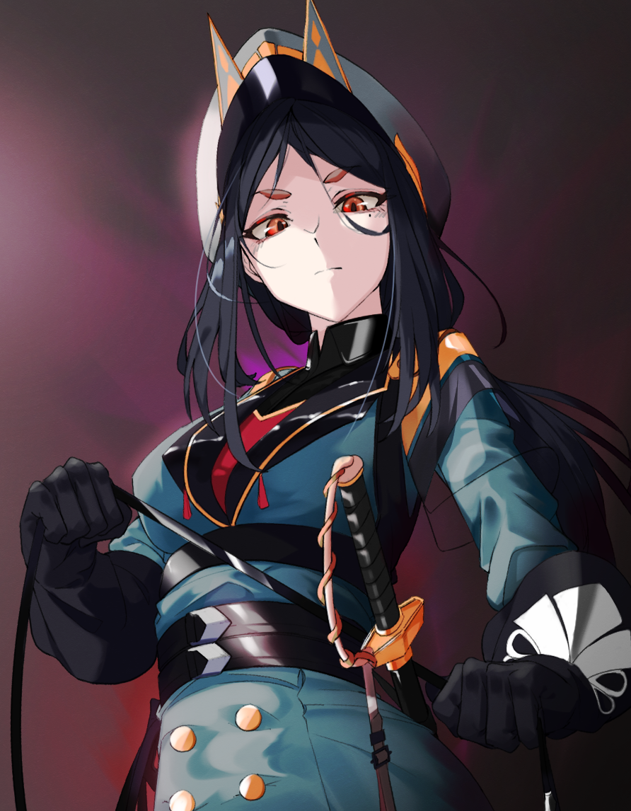 1girl arknights bangs black_gloves black_hair breasts closed_mouth dobermann_(arknights) dobermann_(lieutenant)_(arknights) gloves grey_headwear hat holding holding_weapon holding_whip lagsa long_hair long_sleeves looking_at_viewer low_ponytail medium_breasts military military_uniform mole mole_under_eye official_alternate_costume parted_bangs peaked_cap red_eyes sheath sheathed solo sword uniform v-shaped_eyebrows very_long_hair weapon