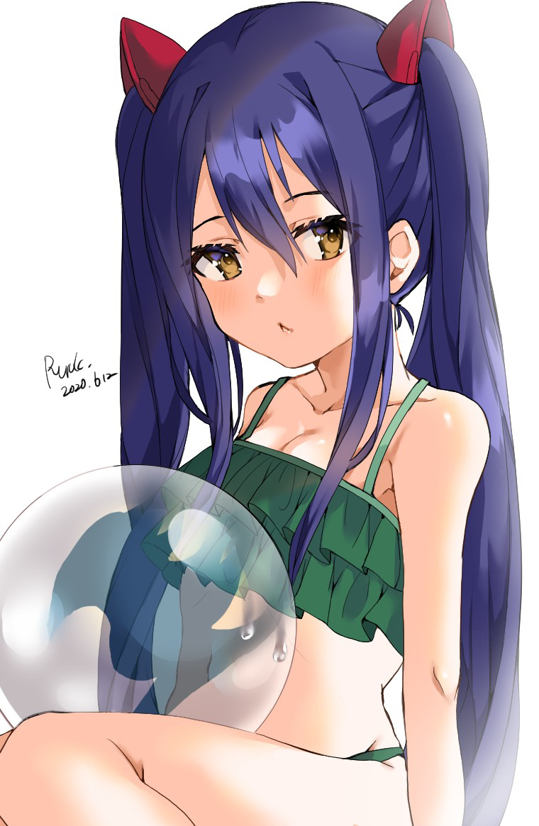 1girl 2020 ball bangs bare_arms bare_legs bikini blue_hair blush breasts brown_eyes cleavage collarbone fairy_tail green_bikini hair_between_eyes hair_ornament long_hair looking_at_viewer navel open_mouth ruruka_pr shiny shiny_hair shiny_skin signature sitting small_breasts solo swimsuit triangle_mouth twintails very_long_hair wendy_marvell white_background