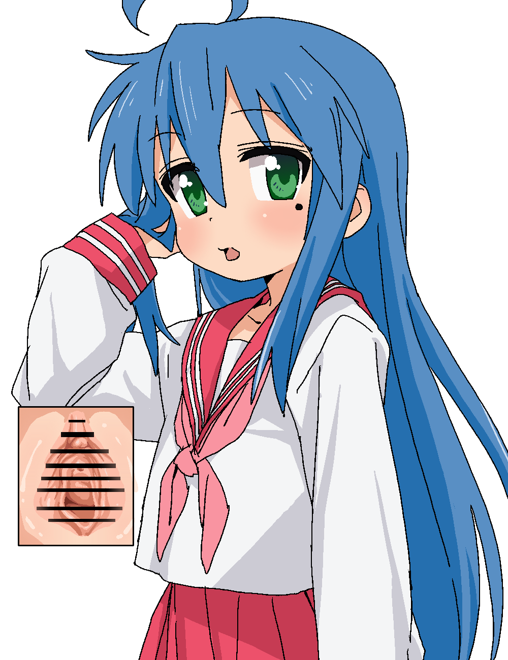 1girl ahoge bangs bar_censor blue_hair blush censored clitoral_hood clitoris collarbone cowboy_shot cut-in erect_clitoris green_eyes hair_between_eyes hand_up highres izumi_konata long_hair long_labia long_sleeves looking_at_viewer lucky_star mole mole_under_eye neckerchief open_mouth pink_neckerchief pleated_skirt presenting pussy red_sailor_collar red_skirt sailor_collar school_uniform serafuku shirt sidelocks simple_background skirt smile solo spread_pussy sweat tamaya upper_body urethra white_background white_shirt