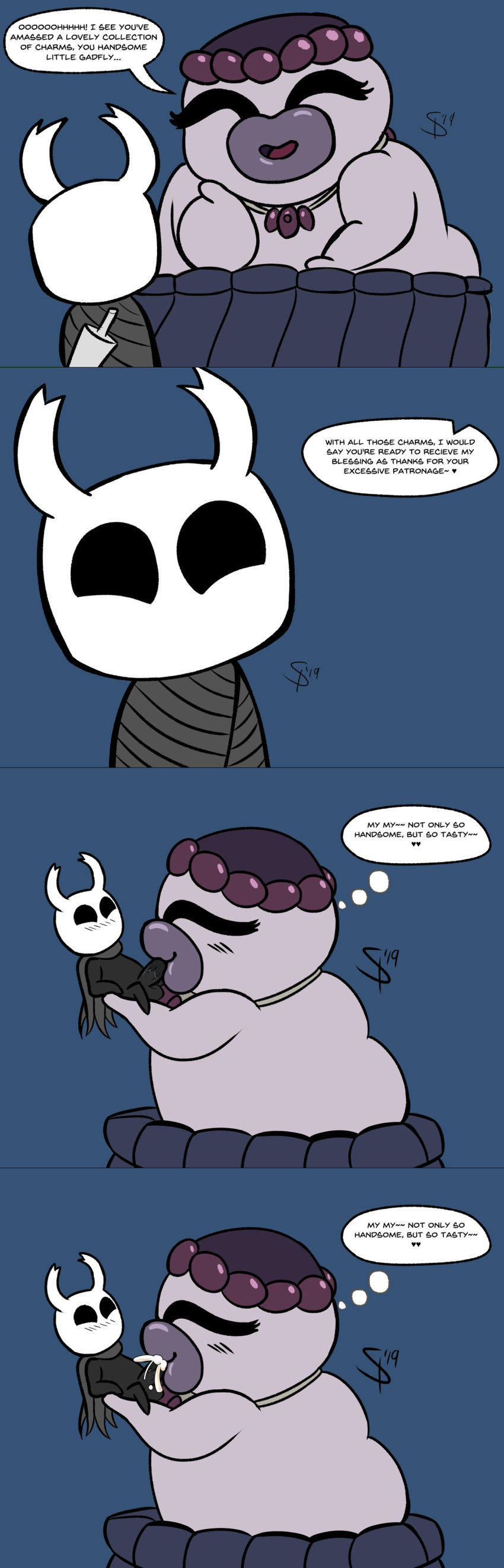 &lt;3 absurd_res arthropod balls blush bodily_fluids comic cum cum_in_mouth cum_inside dialogue duo english_text fellatio female genital_fluids genitals hi_res hollow_knight insect jewelry larger_female lips male male/female necklace oral penile penis protagonist_(hollow_knight) salubra sex size_difference squealydealy team_cherry text thick_lips thought_bubble vessel_(species) video_games weapon