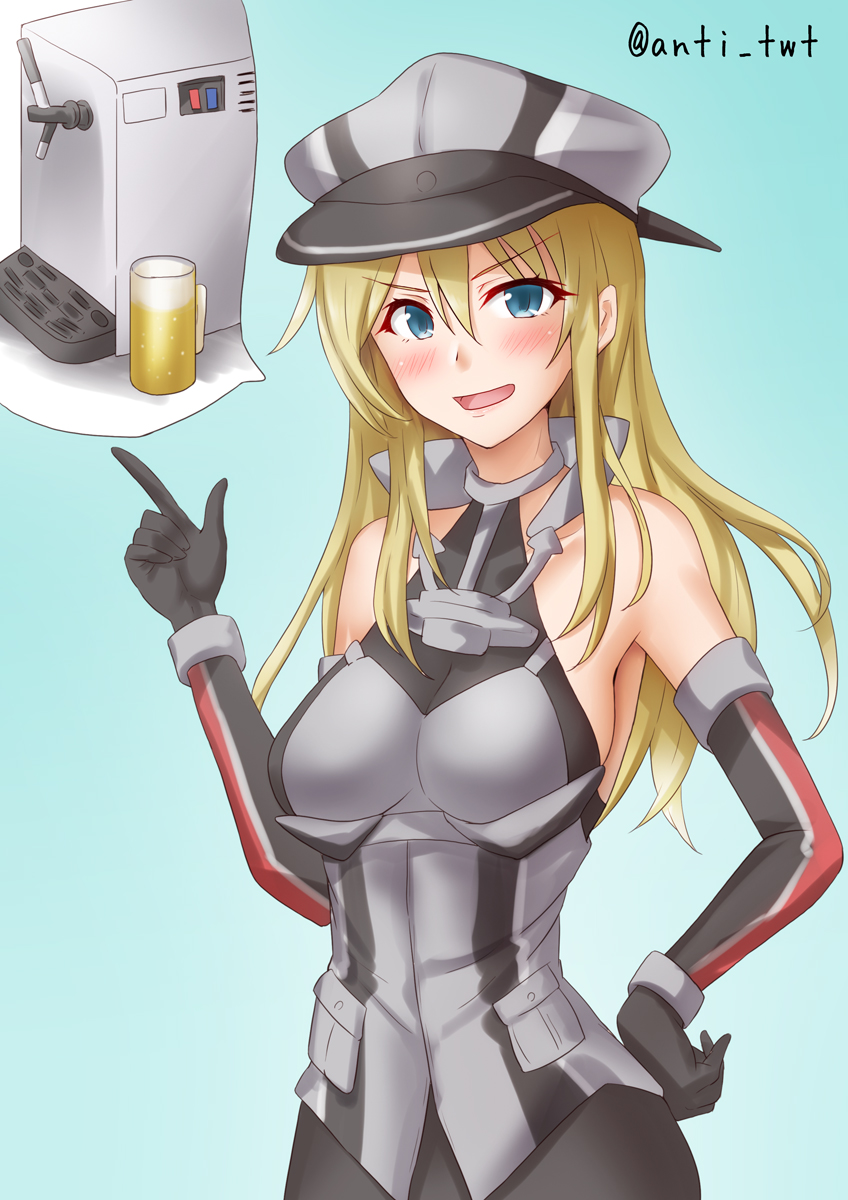 1girl alcohol anchor anchor_hair_ornament anti_(untea9) armor beer beer_crate bismarck_(kancolle) blonde_hair blue_background blue_eyes breastplate breasts brown_gloves cross detached_sleeves german_text gloves gradient gradient_background grey_thighhighs hair_ornament hat highres iron_cross kantai_collection machine medium_breasts military military_hat military_uniform open_mouth peaked_cap smile solo thighhighs uniform