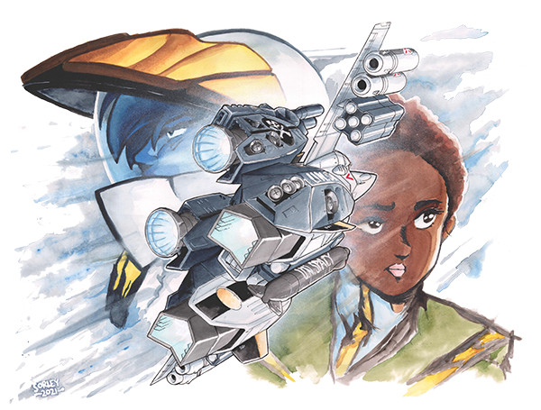 1boy 1girl 2021 afro afterburner asplenia_studios claudia_lasalle couple dark_skin dated energy_cannon english_commentary flying gunpod helmet jolly_roger macross macross:_do_you_remember_love? mecha military military_uniform missile missile_pod painting_(medium) pilot pilot_suit robot roy_focker signature spacesuit thrusters traditional_media u.n._spacy uniform variable_fighter vf-1 vf-1_strike watercolor_(medium)