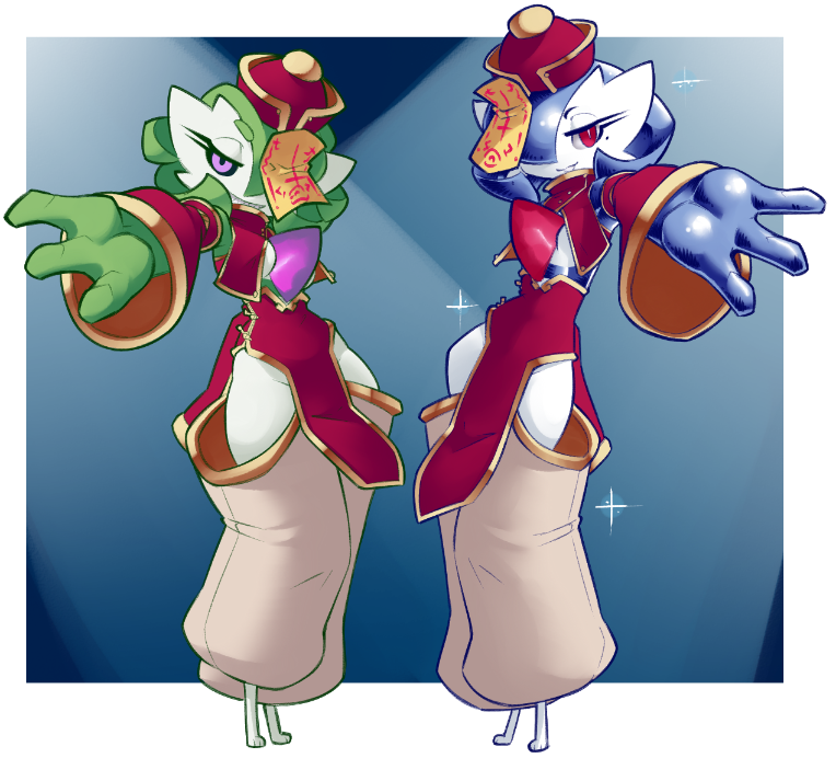 2girls alternate_color animal_feet arm_up bangs barefoot black_sclera blue_background blue_hair bob_cut breasts bright_pupils brown_pants colored_sclera colored_skin commentary crop_top detached_sleeves dorianm_bc english_commentary gardevoir green_hair green_skin grin groin hair_over_one_eye half-closed_eyes happy harem_pants hat hip_focus hip_vent jiangshi looking_at_viewer mole mole_under_eye multicolored_skin multiple_girls no_panties ofuda one_eye_covered outstretched_arm pants pelvic_curtain pokemon pokemon_(creature) purple_eyes qing_guanmao reaching_towards_viewer red_eyes red_headwear red_shirt red_skirt red_sleeves shiny shiny_hair shiny_pokemon shiny_skin shirt short_hair simple_background skirt sleeveless sleeveless_shirt small_breasts smile sparkle spotlight symmetry teeth transparent_border two-tone_skin white_pupils white_skin
