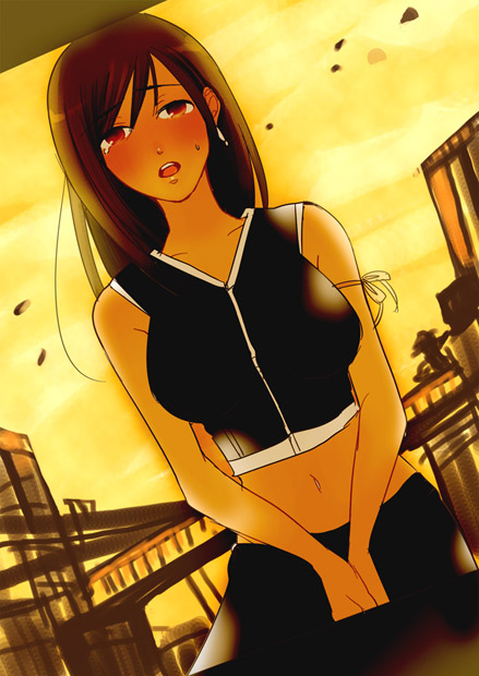 brown_hair earrings female final_fantasy final_fantasy_vii final_fantasy_vii_advent_children jewelry long_hair marugao midriff open_mouth outdoors red_eyes skirt sky solo tank_top tanktop tifa_lockhart