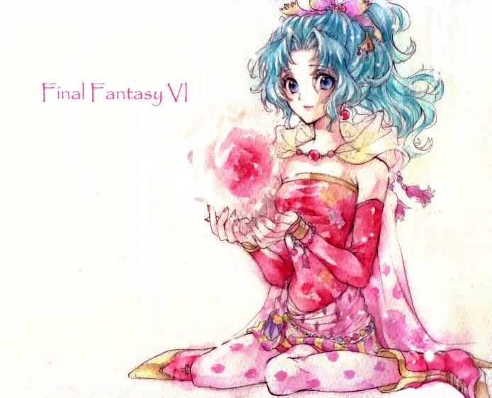bare_shoulders blue_eyes boots bow cape copyright_name dress earrings elbow_gloves final_fantasy final_fantasy_vi fingerless_gloves gloves green_hair jewelry mochineko pantyhose pink_bow ponytail short_dress smile tina_branford