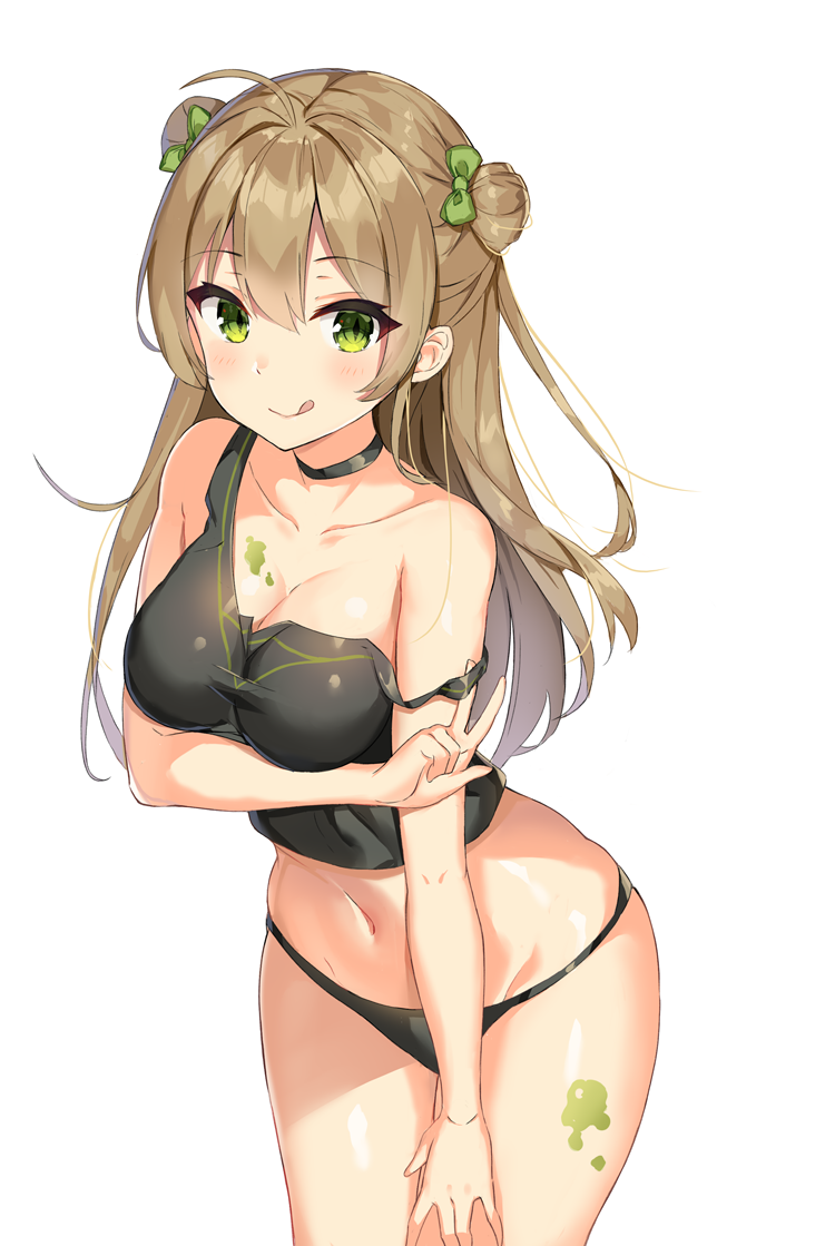 1girl :q ahoge bangs black_choker black_panties blush bodypaint bow breasts brown_hair camisole choker cleavage cowboy_shot double_bun eyebrows_visible_through_hair eyes_closed girls_frontline green_bow green_eyes hair_bow hand_on_own_thigh leaning_forward long_hair looking_at_viewer medium_breasts navel noboru_(kamine204136) panties rfb_(girls_frontline) simple_background skindentation smile solo strap_slip tongue tongue_out underwear underwear_only w white_background