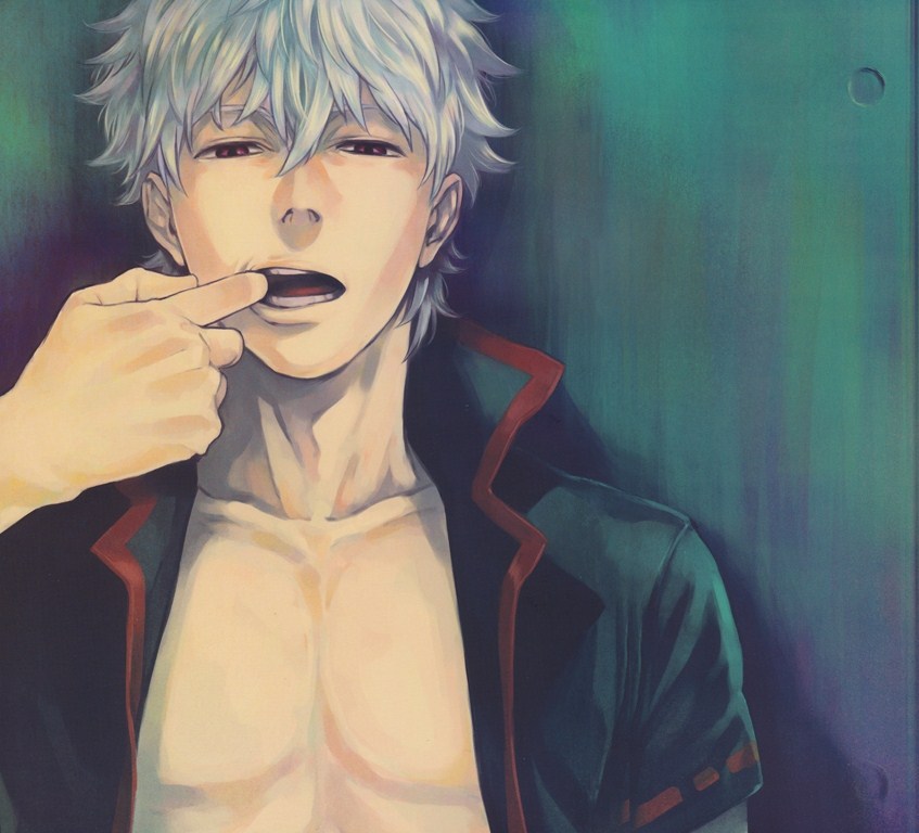 finger_in_mouth gintama gintoki gradient gradient_background male male_focus open_clothes open_mouth sakata_gintoki solo white_hair