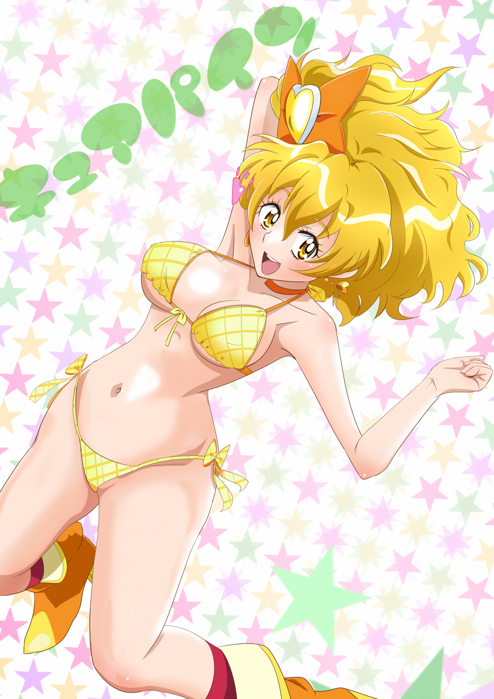 1girl :d bikini blonde_hair boots breasts choker commentary_request cure_pine eyelashes fresh_precure! frills hair_ornament happy high_heel_boots high_heels highres looking_at_viewer magical_girl medium_breasts medium_hair navel open_mouth precure pururun_z side_ponytail smile solo swimsuit wrist_cuffs yamabuki_inori yellow_bikini yellow_eyes yellow_footwear