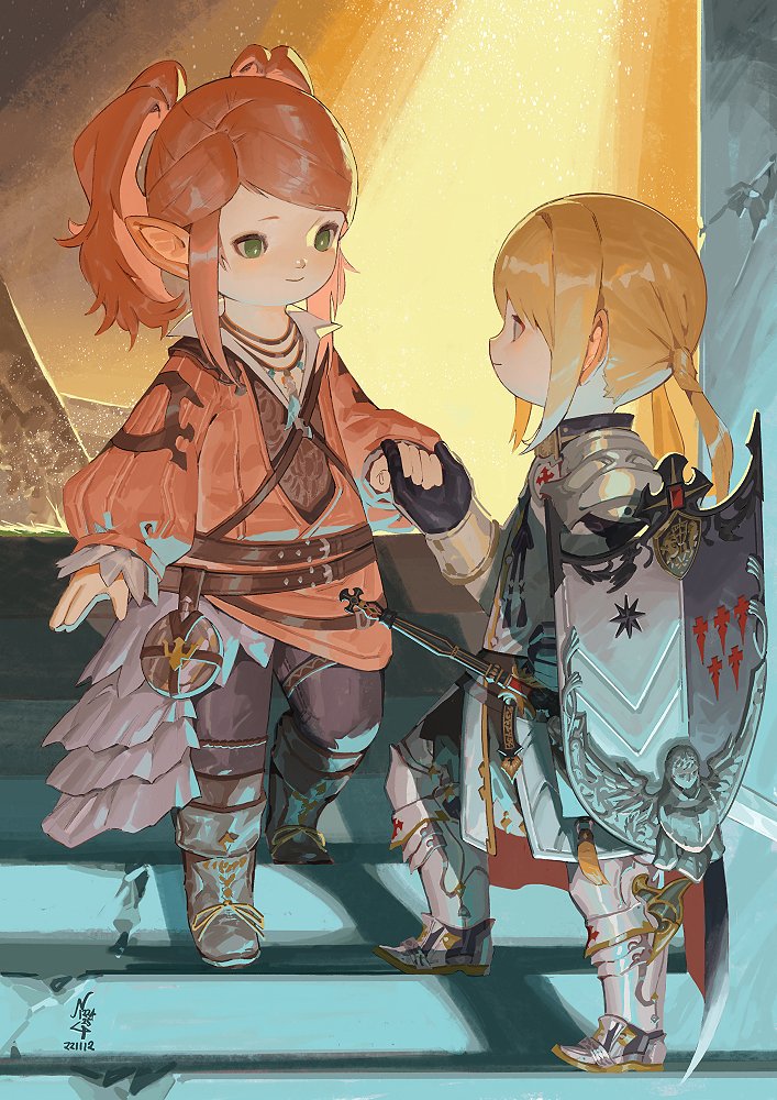 2girls armor avatar_(ff14) bangs belt black_footwear black_gloves black_pants blonde_hair boots dated eye_contact faulds final_fantasy final_fantasy_xiv full_body gloves greaves green_eyes holding holding_hands holding_shield jacket jewelry knee_boots lalafell long_sleeves looking_at_another low_twintails medium_hair multiple_girls n122425 nanamo_ul_namo orange_hair orange_jacket paladin_(final_fantasy) pants pauldrons pendant pointy_ears profile shield short_hair shoulder_armor sidelocks signature smile stairs standing sword twintails walking weapon