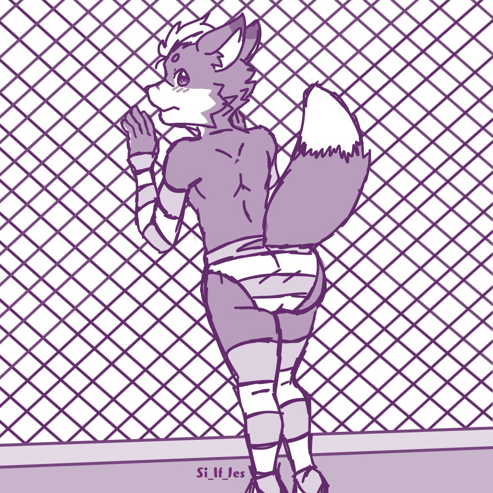 1:1 anthro blush blush_lines butt canid canine clothing fox gate girly hair_back kemono legwear male mammal multicolored_body pattern_clothing rear_view rooftop si_if_jes simple_background sketch sleeves solo solo_focus stockings striped_clothing stripes underwear