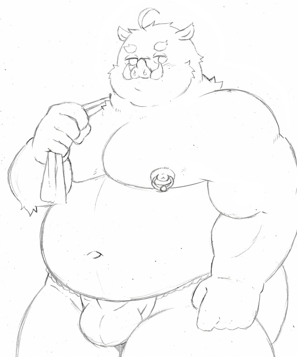 2022 anthro asian_clothing belly big_belly bulge clothing east_asian_clothing fundoshi hi_res humanoid_hands japanese_clothing kemono male mammal moobs navel nipples overweight overweight_male pomupomu490 simple_background solo suid suina sus_(pig) towel underwear wild_boar