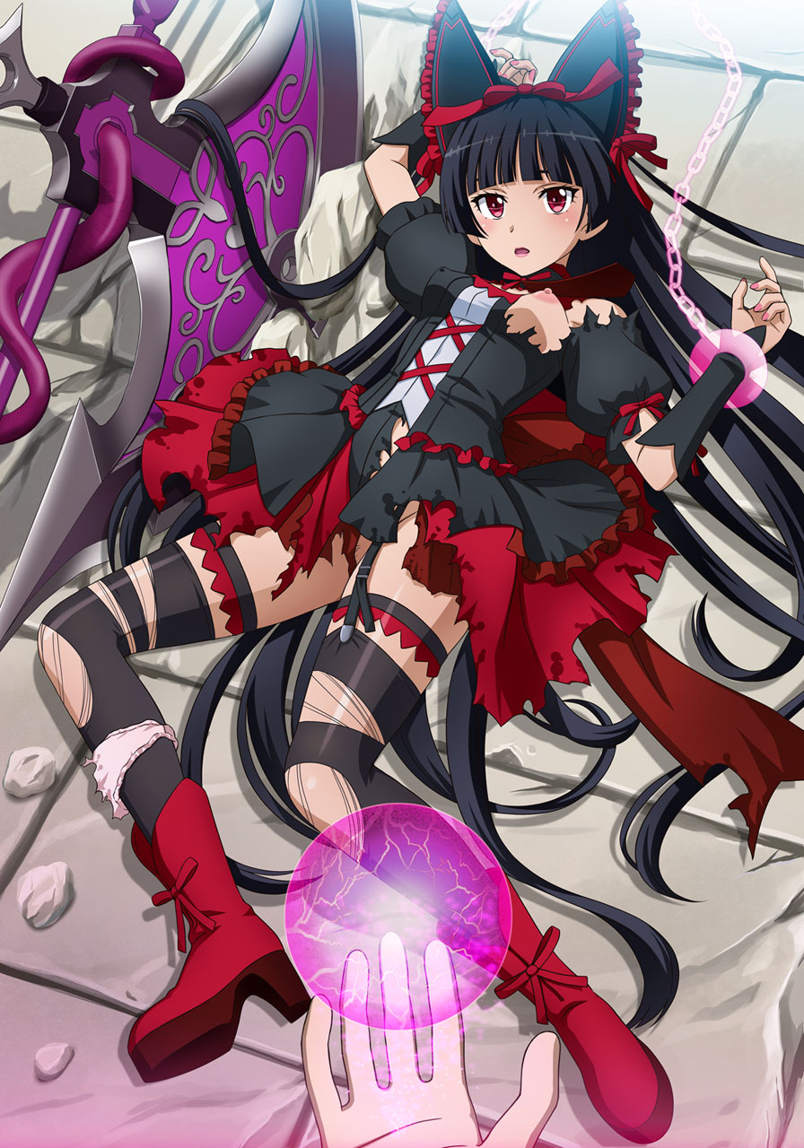 1girl bangs black_garter_straps black_hair black_thighhighs blunt_bangs boots breasts chain cuffs detached_sleeves energy_ball garter_straps gate_-_jieitai_ka_no_chi_nite_kaku_tatakaeri gothic_lolita hairband halberd handcuffs highres hime_cut lips lipstick lolita_fashion lolita_hairband long_hair looking_at_viewer lying makeup nipples no_bra on_back one_breast_out panties panties_around_one_leg parted_lips pink_lips pink_panties polearm pov red_eyes red_footwear red_ribbon restrained ribbon rory_mercury shackles thighhighs tile_floor tiles tooo torn_clothes underboob underwear very_long_hair weapon