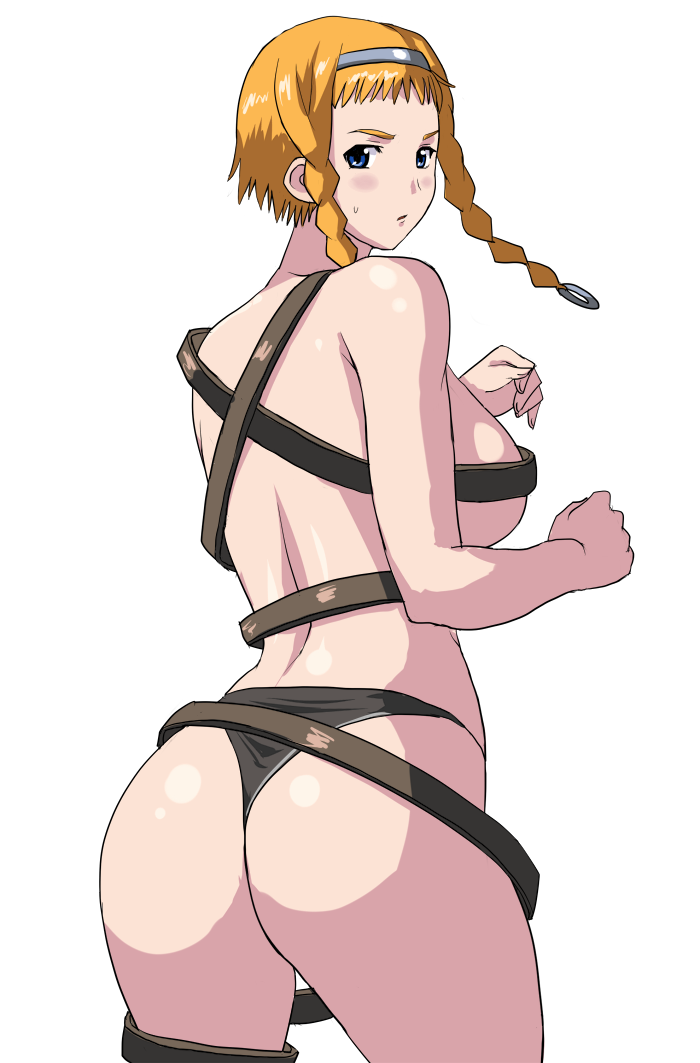 1girl 78_(tky8) ass back bare_arms bare_shoulders belt braid breasts covered_nipples hairband large_breasts leina looking_at_viewer looking_back nude queen's_blade short_hair simple_background solo twin_braids twintails underwear white_background