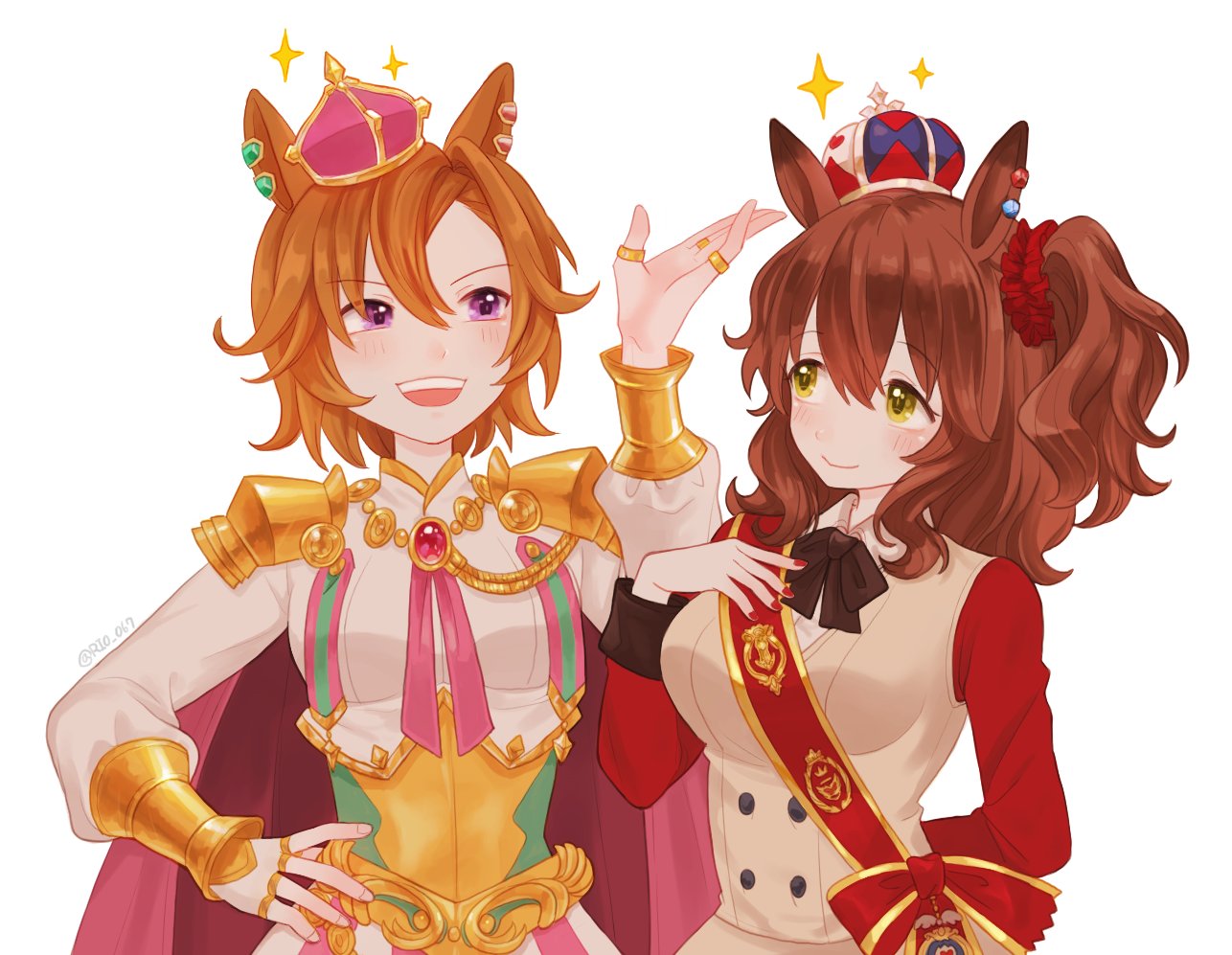 2girls animal_ears arm_behind_back armor aston_machan_(umamusume) bangs blush bow bowtie breasts brooch brown_hair closed_mouth corset crown fingerless_gloves gloves green_eyes hand_on_hip hand_on_own_chest horse_ears jewelry long_hair looking_at_another medium_breasts multiple_girls multiple_rings open_mouth orange_hair purple_eyes red_shirt ring rio_(rio_067) sash shirt short_hair shoulder_armor shoulder_sash single_glove small_breasts sparkle t.m._opera_o_(umamusume) umamusume upper_body vest white_background white_shirt white_vest