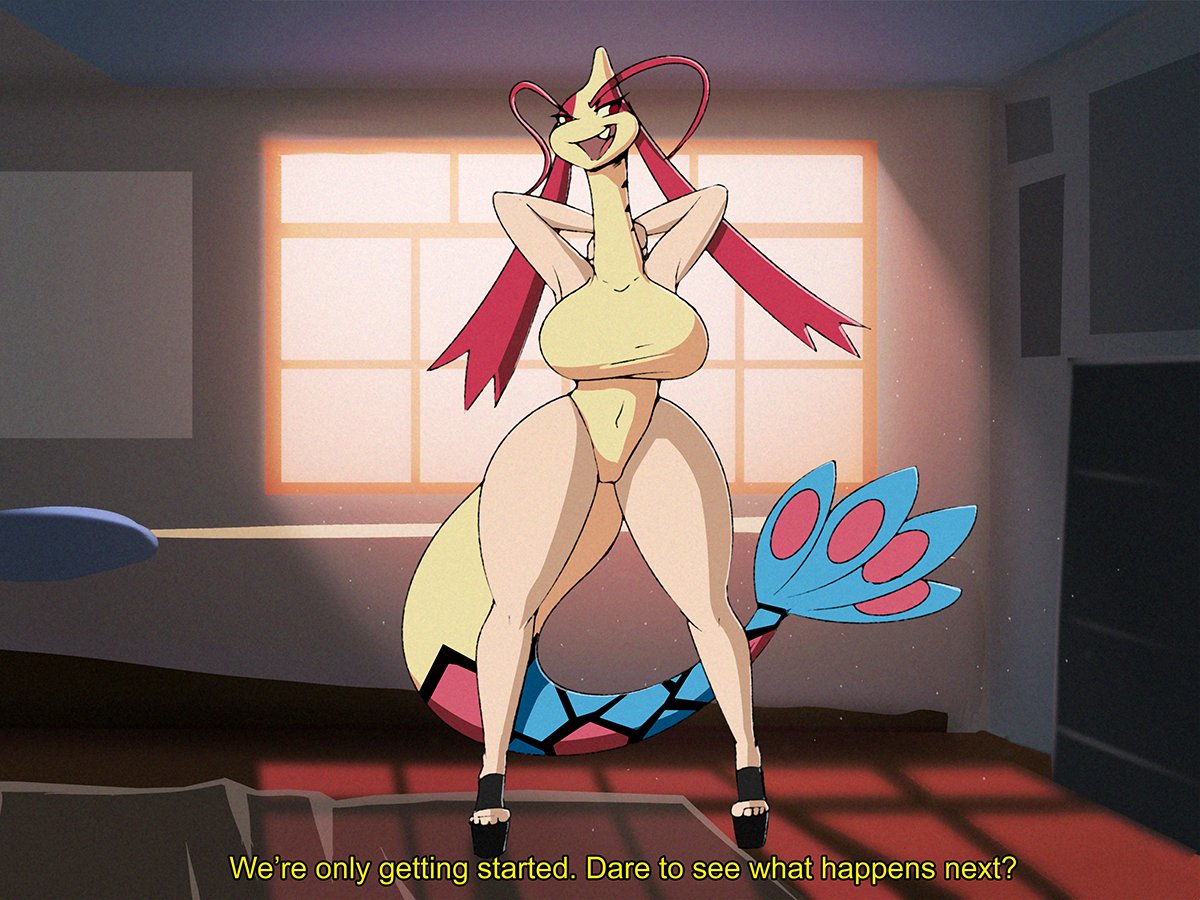 2020 4:3 after_transformation antennae_(anatomy) anthro barely_visible_genitalia barely_visible_pussy big_breasts black_high_heels blue_body breasts clothing dialogue dracojeff female fin footwear generation_3_pokemon genitals hands_on_neck high_heels implied_transformation inside long_neck long_tail milotic multicolored_body nintendo open_mouth pokemon pokemon_(species) pussy red_body red_eyes solo standing suit_transformation tail_fin tan_body transformation video_games window