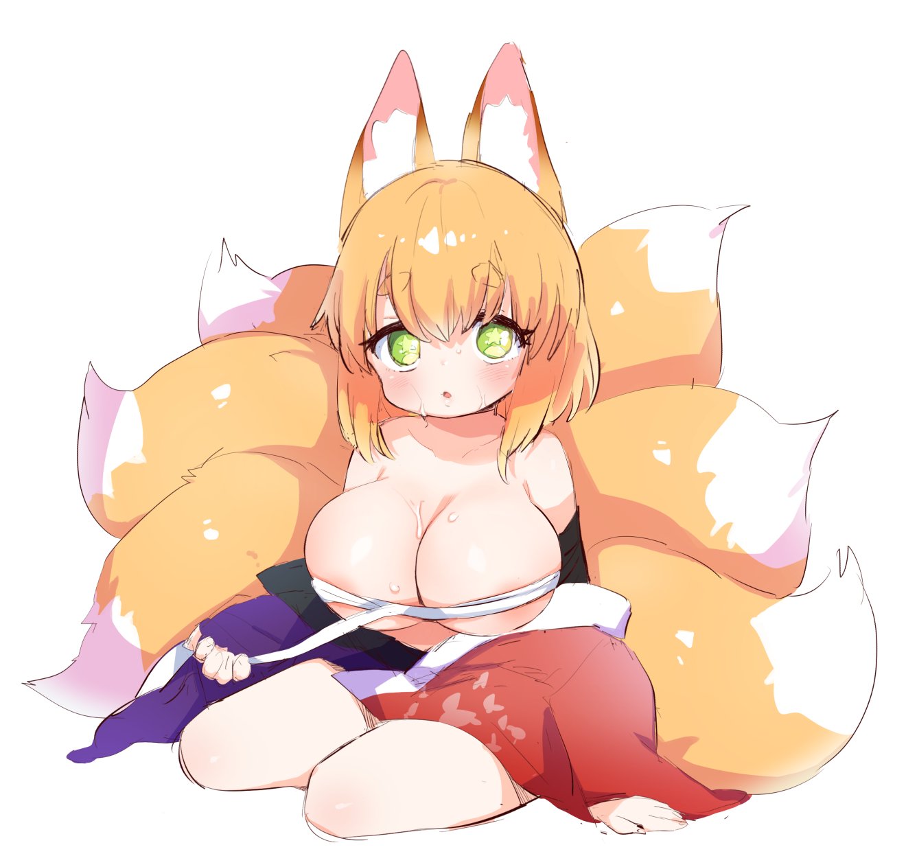5_fingers 6_tails animal_humanoid areola areola_slip armwear asian_clothing bare_shoulders big_breasts biped black_armwear black_clothing blonde_hair blush bodily_fluids breasts brown_ear_tips brown_ears canid canid_humanoid canine canine_humanoid chest_wraps cleavage clothed clothing colored digital_media_(artwork) dipstick_ears dipstick_tail donezumi east_asian_clothing eyelashes female fingers fluffy fluffy_tail fox_humanoid front_view full-length_portrait fur glistening glistening_body glistening_breasts glistening_hair glistening_skin green_eyes green_pupils hair hi_res huge_breasts humanoid humanoid_hands inner_ear_fluff japanese_clothing kimono light_body light_skin looking_at_viewer mammal mammal_humanoid markings monotone_hair multi_tail multicolored_body multicolored_clothing multicolored_ears multicolored_fur multicolored_kimono multicolored_tail off_shoulder partially_clothed pink_areola pink_inner_ear portrait pupils purple_clothing purple_kimono red_clothing red_kimono shaded sitting solo star_pupils sweat sweaty_breasts tail_markings thick_tail tuft two_tone_body two_tone_clothing two_tone_ears two_tone_fur two_tone_kimono two_tone_tail undressing unusual_pupils white_body white_fur white_inner_ear_fluff white_tail white_tail_tip wraps yellow_body yellow_ears yellow_fur yellow_tail