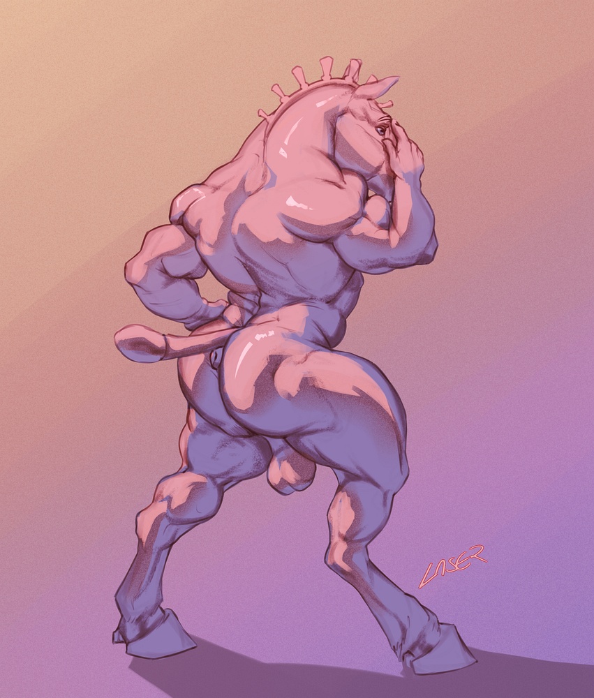 anthro balls equid equine equine_anus full-length_portrait genitals hand_on_face hooves horse laser_(artist) male mammal muscular muscular_anthro muscular_male narrowed_eyes nude portrait restricted_palette shadow signature simple_background solo standing tail_wraps three-quarter_view wraps