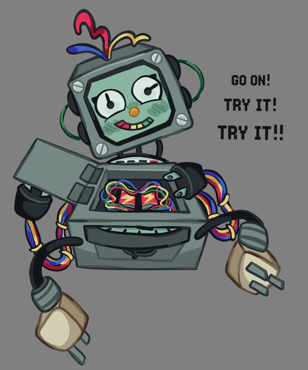 5:6 battery blush blush_lines critterscrawl don't_hug_me_i'm_scared electracey english_text female green_blush grey_background grey_body grin hi_res lying machine mechanic meter not_furry on_back plug robot simple_background smile solo text wire wire_hair yellow_nose