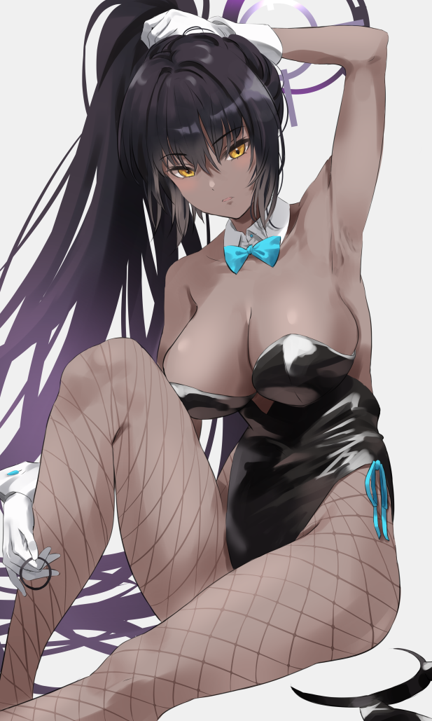1girl aqua_bow aqua_bowtie armpits bare_arms bare_shoulders black_leotard blue_archive bow bowtie breasts cleavage collarbone commentary_request dark-skinned_female dark_skin detached_collar dot_nose feet_out_of_frame fishnet_pantyhose fishnets gloves hair_ornament hair_scrunchie halo hand_up high_ponytail highleg highleg_leotard holding karin_(blue_archive) karin_(bunny)_(blue_archive) knee_up kuu_(user_gngs5284) large_breasts leotard long_hair looking_at_viewer official_alternate_costume open_mouth pantyhose scrunchie shiny shiny_clothes side-tie_leotard simple_background sitting slit_pupils solo strapless strapless_leotard very_long_hair white_background white_gloves yellow_eyes