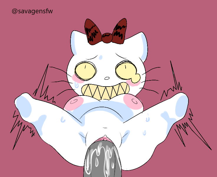 anthro big_breasts blush bodily_fluids bow_ribbon breasts domestic_cat felid feline felis female fur genital_fluids genitals grin hot_topic human humanoid looking_up mammal nipples penetration pink_nipples pussy pussy_juice savagensfw sex sharp_teeth short_stack smile solo spread_legs spreading sweetypuss teeth vaginal vaginal_penetration white_body white_fur wide_hips yellow_sclera