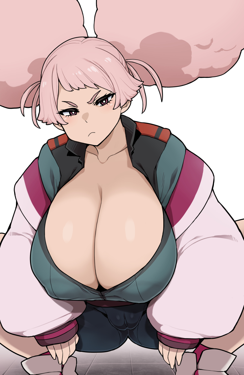 1girl afro_puffs alternate_breast_size asticassia_school_uniform breasts bright_pupils cameltoe chuatury_panlunch cleavage collarbone commentary_request double_bun gundam gundam_suisei_no_majo hair_bun highres huge_breasts otogi_tetsurou pink_eyes pink_hair puffy_sleeves school_uniform simple_background squatting squinting white_pupils