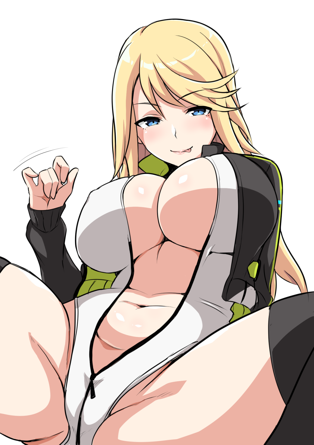 1girl alice_gear_aegis bangs black_jacket black_thighhighs blonde_hair blue_eyes blush breasts cleavage closed_mouth companion/af cropped_jacket crotch full-length_zipper highres jacket large_breasts leotard long_hair long_sleeves looking_at_viewer motion_lines navel open_clothes open_jacket partially_unzipped seductive_smile shirley_oakley simple_background sitting smile solo spread_legs stomach tawashi1623 thighhighs tongue tongue_out underboob white_background white_leotard zipper