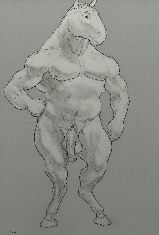 animal_genitalia animal_penis anthro artist_name balls equid equine equine_penis front_view genitals half-erect horse laser_(artist) looking_at_viewer male mammal medial_ring monochrome mouth_closed musclegut muscular muscular_anthro muscular_male navel nipples nude pecs penis simple_background solo standing vein veiny_penis