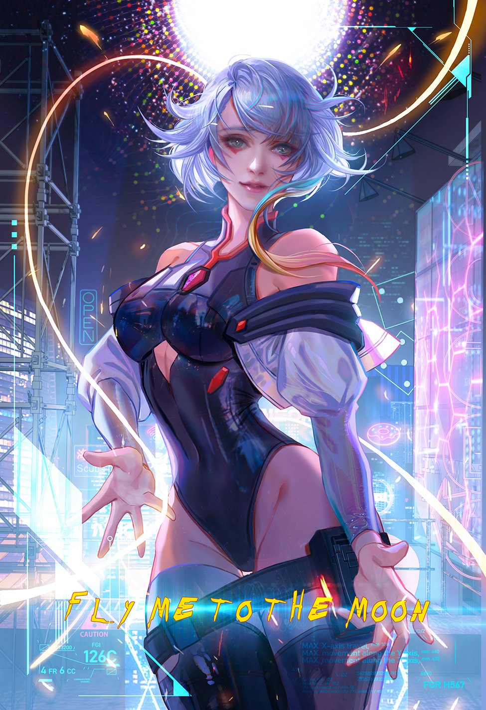 1girl aqua_hair bangs bare_shoulders black_leotard black_thighhighs blonde_hair blue_hair breasts chest_cutout cowboy_shot cropped_jacket cyberpunk_(series) cyberpunk_edgerunners fan_yang_(jiuge) highres jacket jacket_partially_removed juliet_sleeves large_breasts leotard long_sleeves looking_at_viewer lucy_(cyberpunk) multicolored_hair outdoors outstretched_hand parted_lips puffy_sleeves rainbow_hair red_eyeliner red_hair scaffolding short_hair_with_long_locks smile solo thigh_gap thighhighs