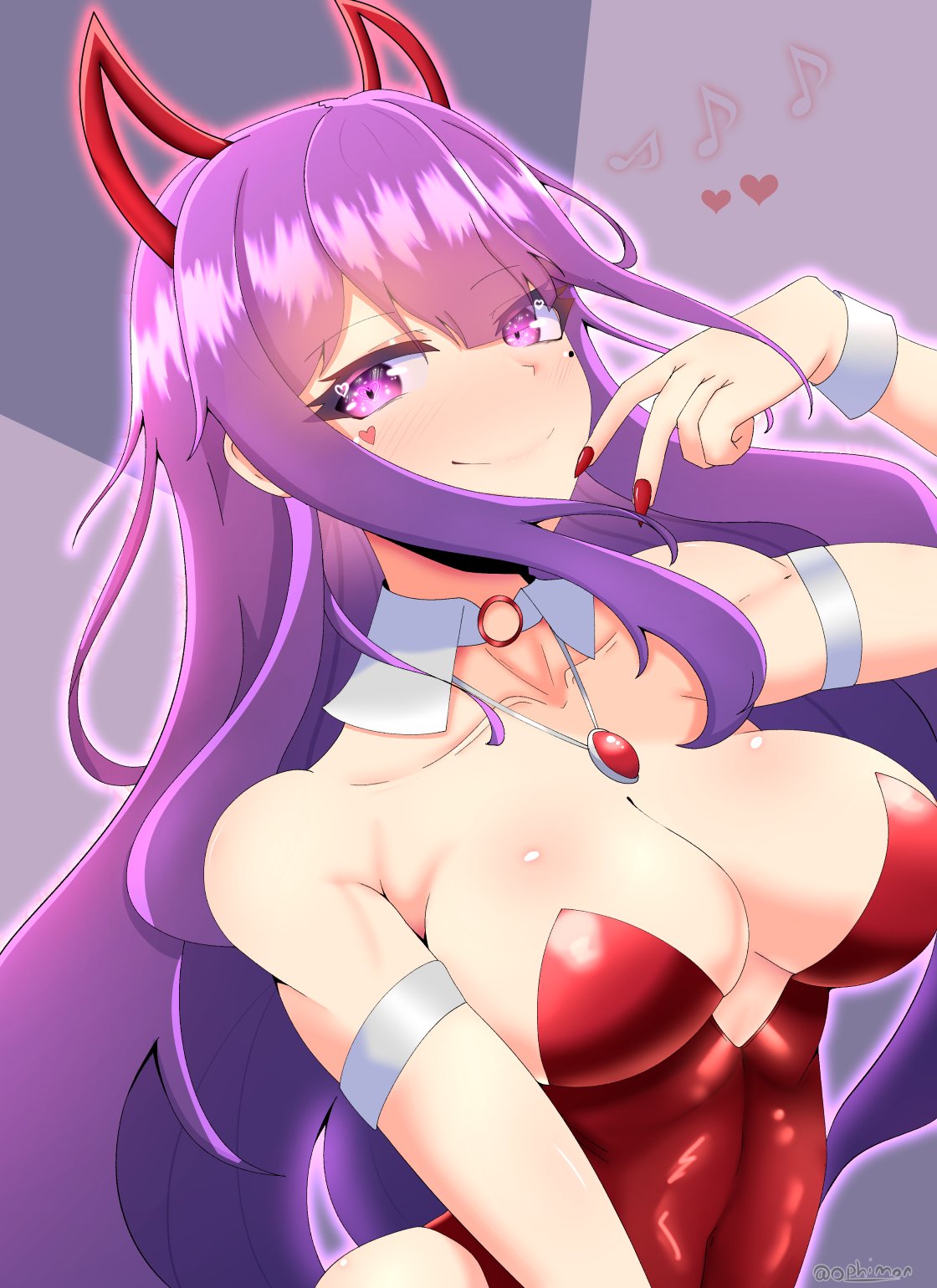 1girl akuma_nihmune animal_ears blush breasts collar commentary demon_girl demon_horns detached_collar english_commentary facial_tattoo fake_animal_ears heart heart_tattoo highres horns indie_virtual_youtuber large_breasts leotard long_hair looking_at_viewer mole mole_under_eye musical_note ophimon playboy_bunny purple_eyes purple_hair rabbit_ears red_leotard red_nails smile tattoo virtual_youtuber white_collar white_wrist_cuffs wrist_cuffs