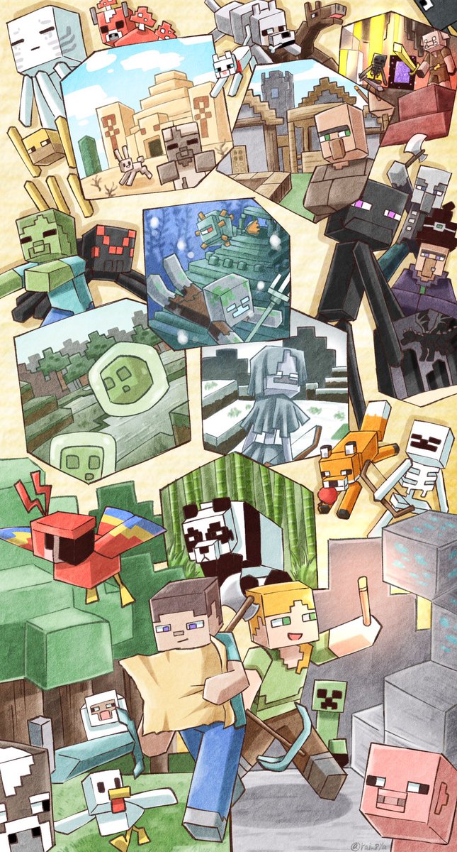 1other 2boys 2girls alex_(minecraft) animal animal_ears axe bald bamboo bamboo_forest bird black_eyes black_headwear black_skin blaze_(minecraft) blue_eyes blue_pants bow_(weapon) brown_hair brown_pants brown_shirt bug building cactus cat cat_(minecraft) cave_interior chicken chicken_(minecraft) closed_eyes colored_skin cow cow_(minecraft) creature creeper crossed_arms dark_skin day dead_plants desert diamond_(gemstone) dress drowned_(minecraft) ender_dragon enderman fighting_stance flying forest fox fox_(minecraft) ghast golden_sword grass green_eyes green_pants green_shirt green_skin grey_footwear grey_shirt grey_skin guardian_(minecraft) hat highres holding holding_axe holding_bow_(weapon) holding_map holding_paper holding_pickaxe holding_sword holding_torch holding_trident holding_weapon horse horse_(minecraft) house husk_(minecraft) light_blue_shirt long_nose long_sleeves looking_at_viewer map minecraft minecraft_pickaxe molten_rock mooshroom mouth_hold multiple_boys multiple_girls nature nether_portal ocean_bottom orange_hair outstretched_arms panda panda_(minecraft) pants paper parrot parrot_(minecraft) pickaxe pig pig_(minecraft) pig_ears pig_snout piglin plant polearm purple_dress rabbit rabbit_(minecraft) raihachi reading red_bird red_eyes shirt short_hair short_sleeves side_ponytail skeleton skeleton_(minecraft) slime_(creature) slime_(minecraft) snow spider spider_(minecraft) squid squid_(minecraft) standing steve_(minecraft) stray_(minecraft) swimming sword t-shirt temple tentacles the_end_(minecraft) the_nether thick_eyebrows tools torch tree trident undead underwater very_dark_skin village villager_(minecraft) vindicator_(minecraft) walking weapon weapon_on_back wetland white_cat witch witch_(minecraft) witch_hat wither_skeleton_(minecraft) wolf wolf_(minecraft) zombie zombie_pose