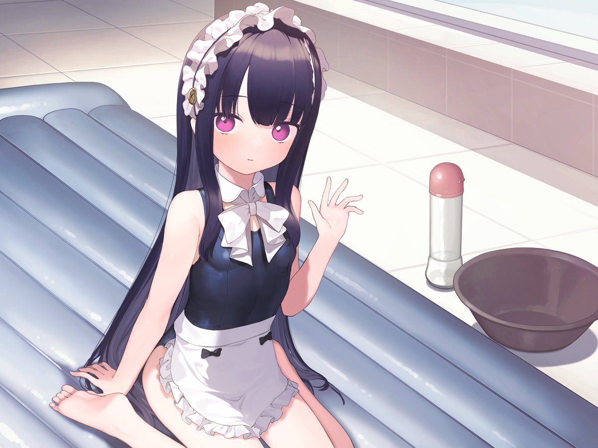 1girl apron bangs black_hair black_one-piece_swimsuit blush breasts closed_mouth frilled_apron frills inflatable_raft long_hair looking_at_viewer lotion_bottle maid_headdress one-piece_swimsuit original signalviolet sitting small_breasts soapland solo swimsuit tile_floor tiles waist_apron waving white_apron