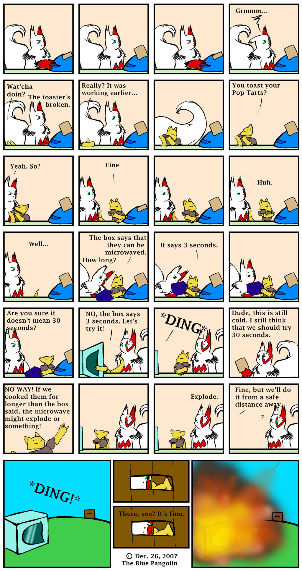 2007 abra ambiguous_gender annoyed anthro appliance box brown_body bunker claws colored comic container dialogue ding_(sound) duo english_text explosion eyes_closed fluffy fluffy_tail food fur generation_1_pokemon generation_3_pokemon green_eyes hand_on_chin hand_on_own_chin hi_res holding_food holding_object kitchen_appliance looking_at_another looking_down microwave_oven multicolored_body multicolored_fur nintendo onomatopoeia outside pokemon pokemon_(species) pop-tarts reading red_body red_fur simple_background sound_effects standing text the_blue_pangolin toaster two_tone_body two_tone_fur video_games walking walking_away white_body white_fur yellow_body yellow_skin zangoose