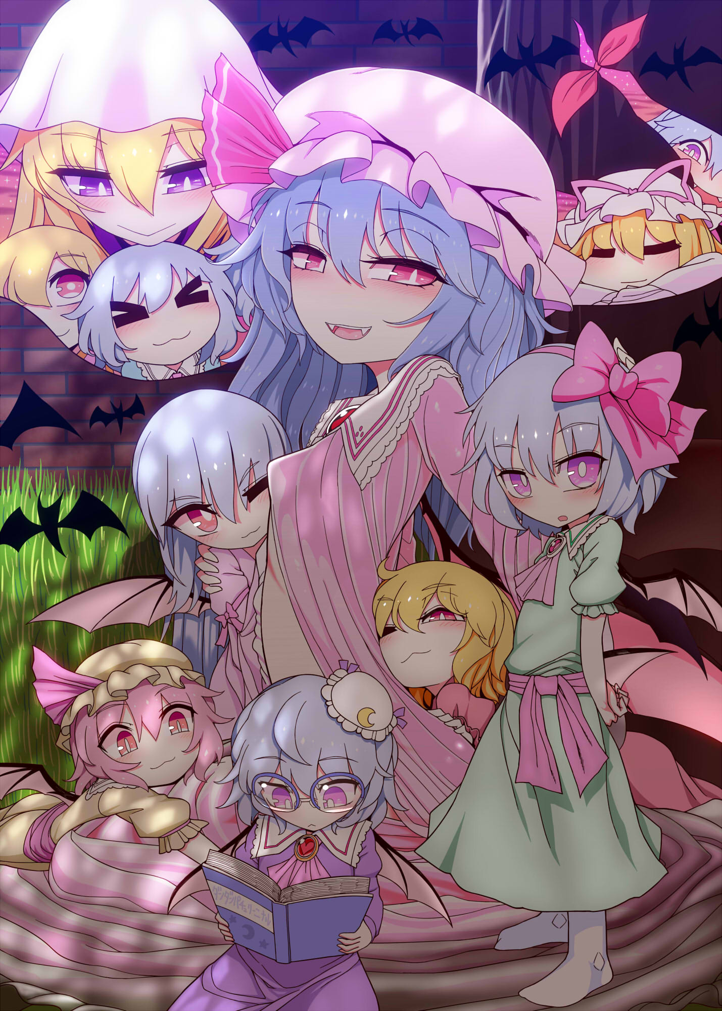6+girls bat_wings blonde_hair blue_hair book bow commentary_request dress gap_(touhou) glasses hair_bow hat hat_ribbon highres if_they_mated long_hair long_sleeves looking_at_viewer mob_cap multiple_girls open_mouth pink_hair purple_eyes reading red_eyes remilia_scarlet ribbon short_hair smile touhou wings yakumo_yukari yassy