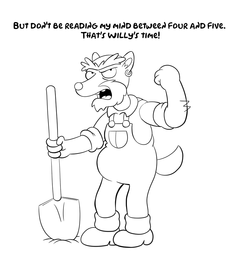 anthro canid canine clothing ear_piercing english_text eyebrows frown groundskeeper_willie looking_at_viewer male mammal monochrome overalls piercing shovel solo text the_simpsons tools unibrow willeternal