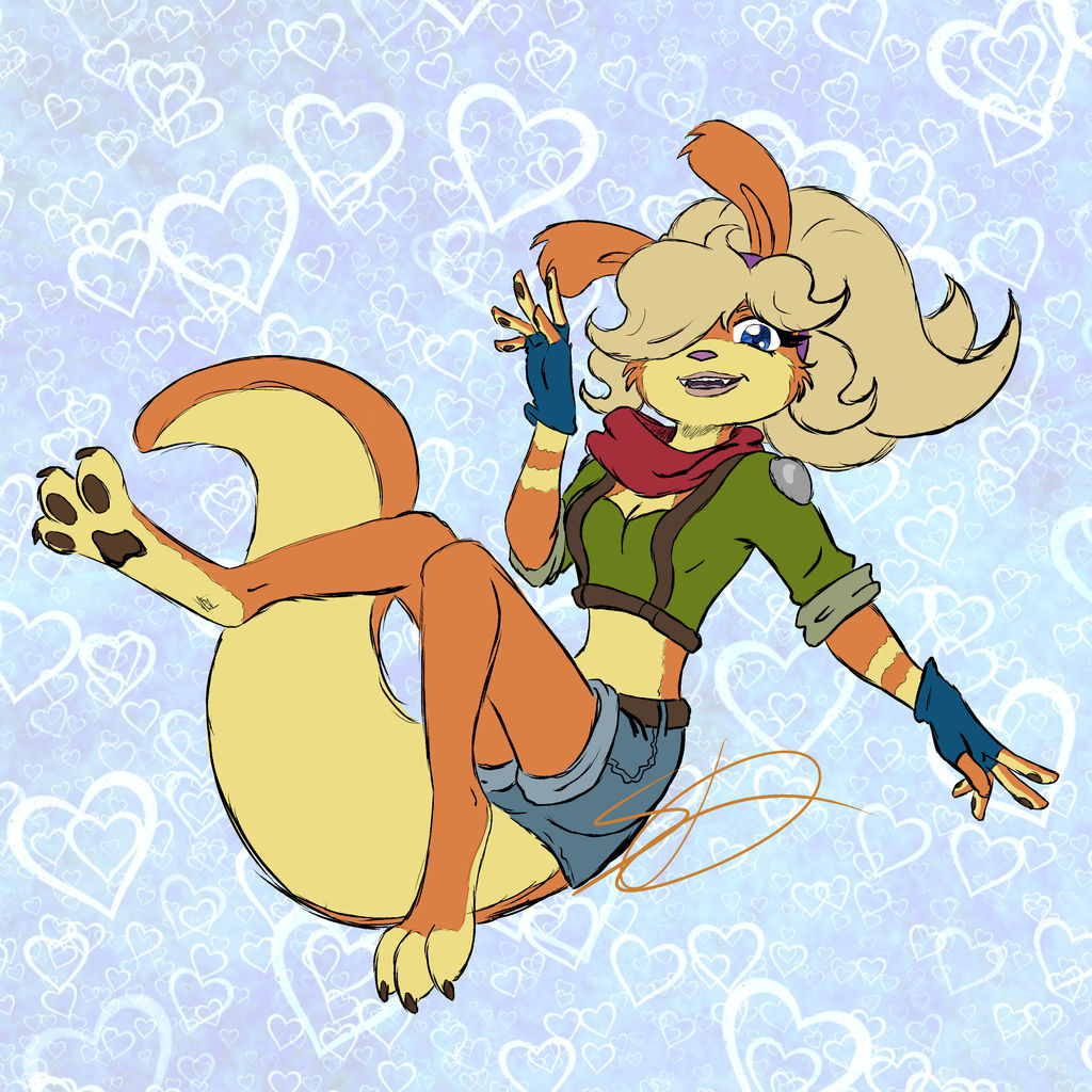&lt;3 abstract_background anthro blonde_hair blue_eyes clothing digital_media_(artwork) female fingerless_gloves frozen-fortune fur gesture gloves hair handwear jak_and_daxter mammal mustelid naughty_dog orange_body orange_fur ottsel pawpads paws scarf semi-anthro smile solo sony_corporation sony_interactive_entertainment tess_(jak_and_daxter) video_games waving waving_at_viewer
